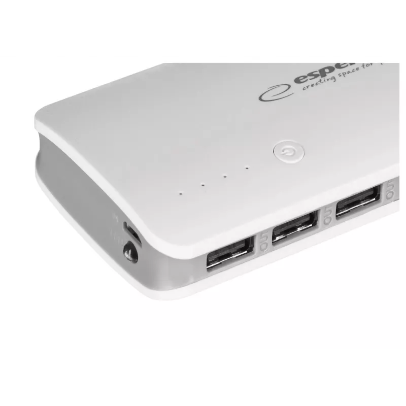 Carregador portátil Esperanza EMP106WE Radium — 8000 mAh, saída para 3 dispositivos, entrada Micro-USB, saídas 5V/2A e 5V/1,5A/1A, cinzento