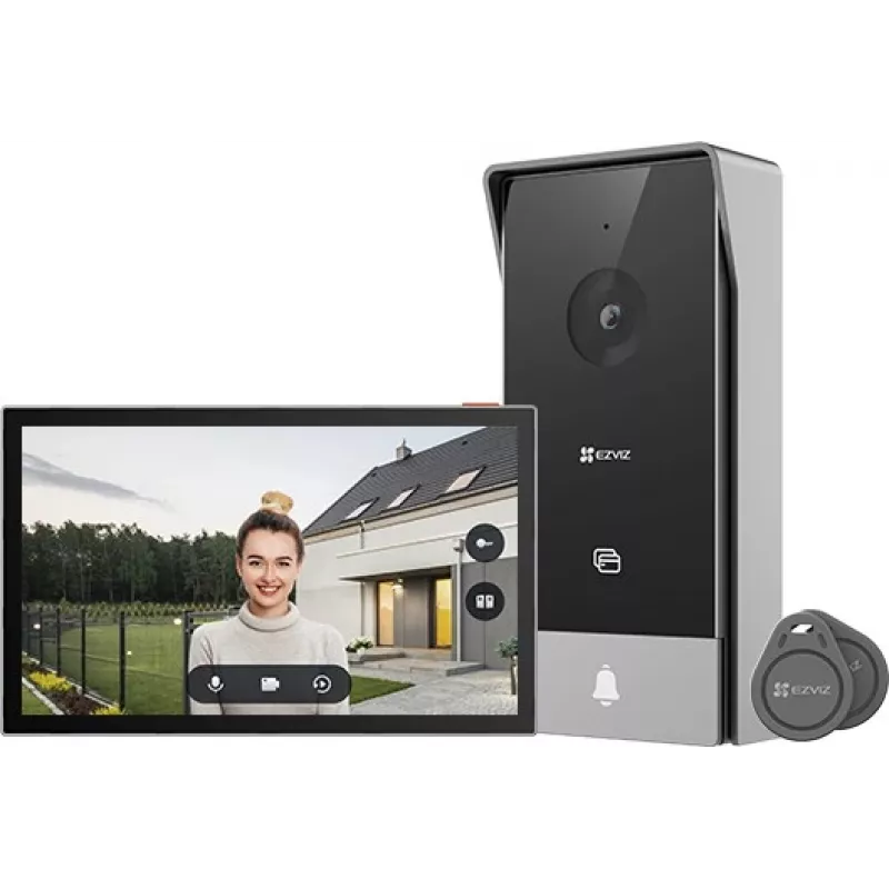 EZVIZ CS-HP5 videoporteiro, ecrã tátil de 7 polegadas (17,8 cm), de 2 fios, 1080p (2MP), Wi-Fi, acesso RFID, visão noturna IV, resistente à água, preto/prateado