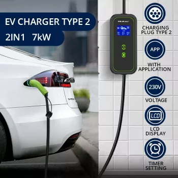 Carregador móvel para carro elétrico Qoltec ajustável 2em1 Type2 | 7kW | 230V | CEE 3 PIN | Wi-Fi | LCD | portátil | wallbox | 5m