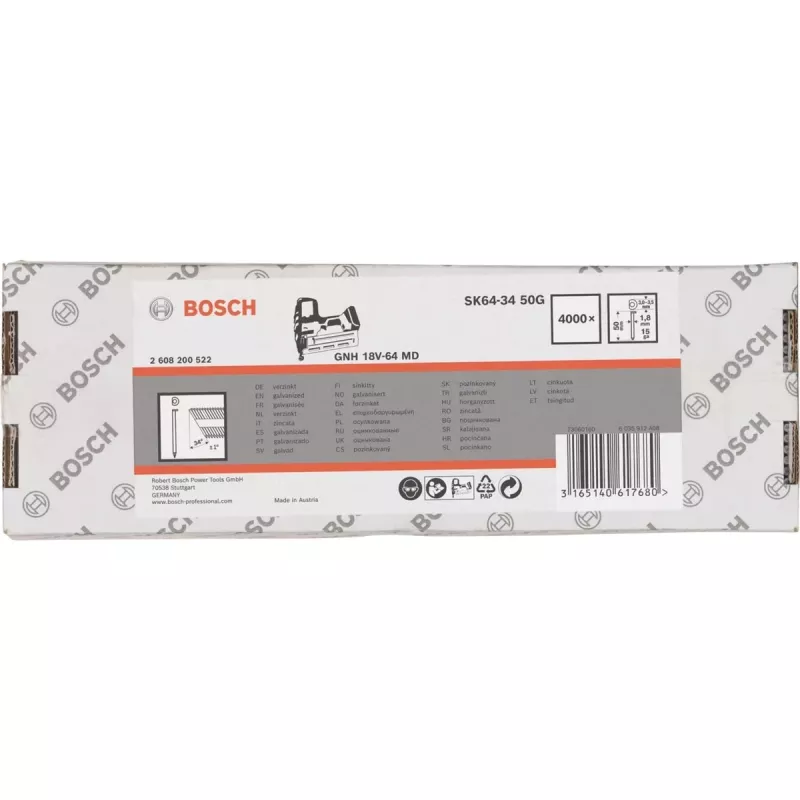 Pregos de cabeça escareada Bosch SK64-34 34° 1,8 mm (15 ga) 4.000 unid. — para agrafadores pneumáticos e a gás
