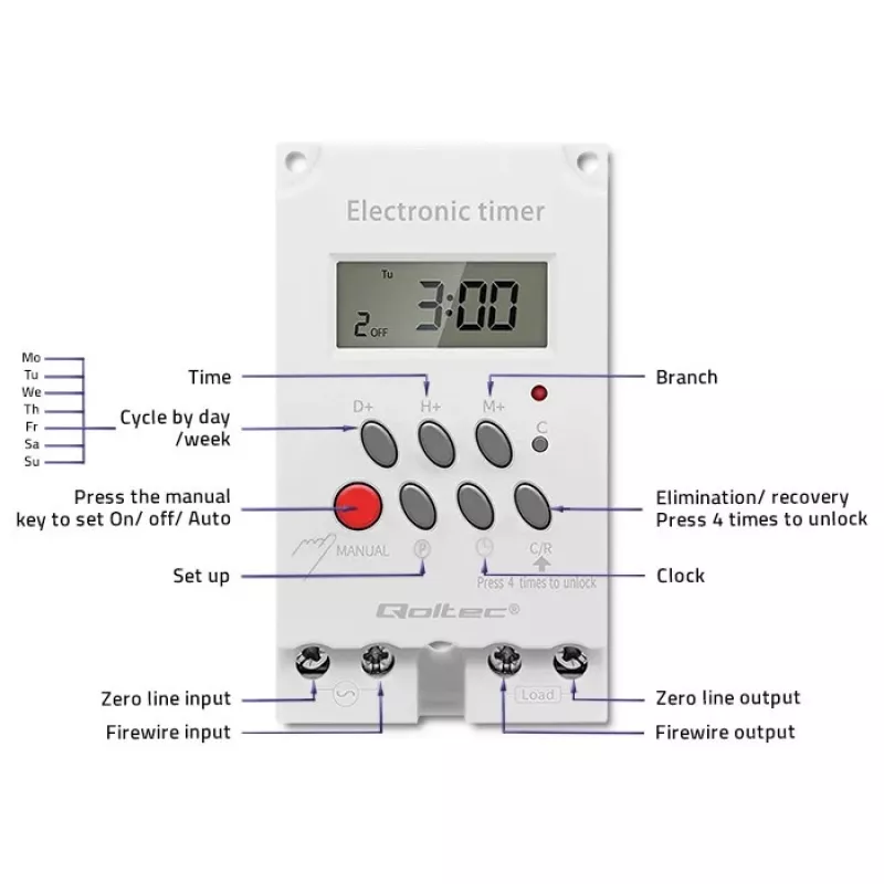 Temporizador eletrónico para calha DIN QOLTEC PC0629 — alimentação 24V, saída 16A