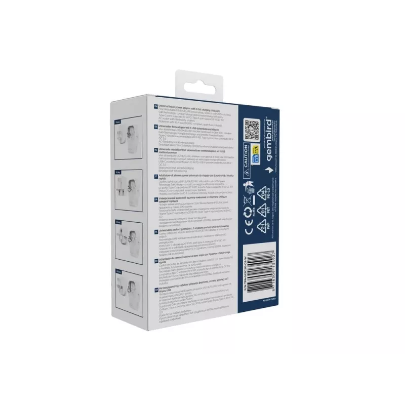 Adaptador de viagem de parede GEMBIRD TPA-1A2C20-02-W 20W — 1xUSB-A + 2xUSB-C, ficha tipo G, 100–250 V, branco