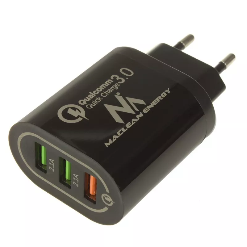 Carregador de parede USB MACLEAN MCE479B — 3 portas USB, potência total 18W, compacto