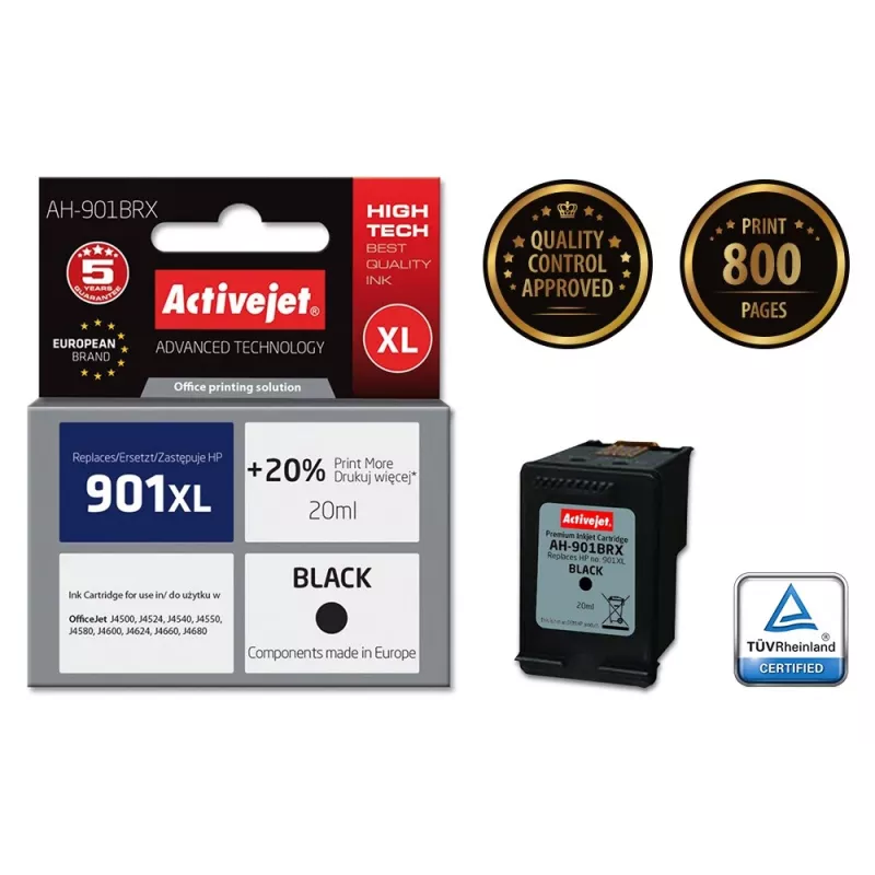 Tinteiro Activejet AH-901BRX (substituto para HP 901XL CC654AE; Premium; 20 ml; preto)