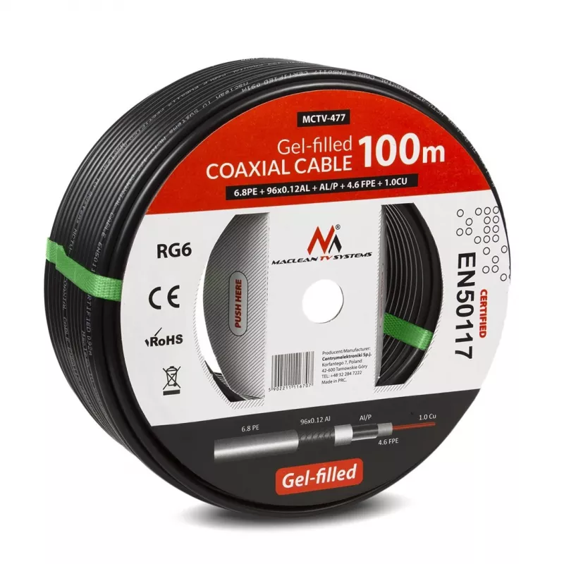 Cabo coaxial MACLEAN MCTV-477 100 m preto 75 Ω, 50 pF, bainha 6,8 mm