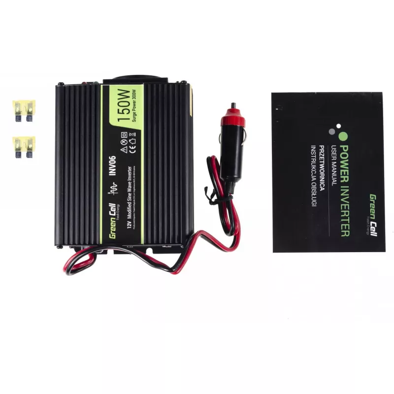 Adaptador inversor Green Cell INV06 12V para 230V 150W 50Hz ficha tipo C, 85% de eficiência, preto
