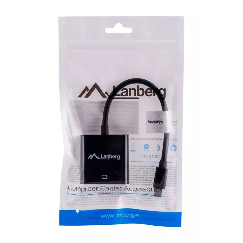 Cabo adaptador VGA (D-Sub) para Mini DisplayPort LANBERG AD-0006-BK, 0,2 m, DisplayPort 1.2, 1920×1200@60Hz, conector fêmea MiniDP, preto