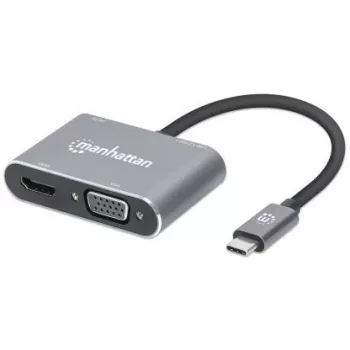 Docking station USB-C Manhattan, ligações (x4): HDMI, USB-A, USB-C e VGA, com Power Delivery (PD) 87W – carregador USB-C externo necessário (não incluído). Alimentado por USB (sem fonte de alimentação externa necessária) quando o PD não é utilizado, alumínio