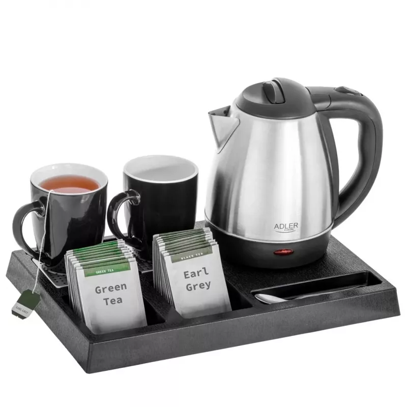 Adler AD 1354 chaleira de hotel em aço inoxidável 1,2 L + tabuleiro com chávenas preto, aço
