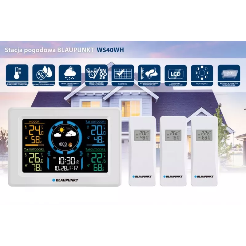 Estação meteorológica sem fios BLAUPUNKT WS40WH com monitor de temperatura e humidade interior/exterior
