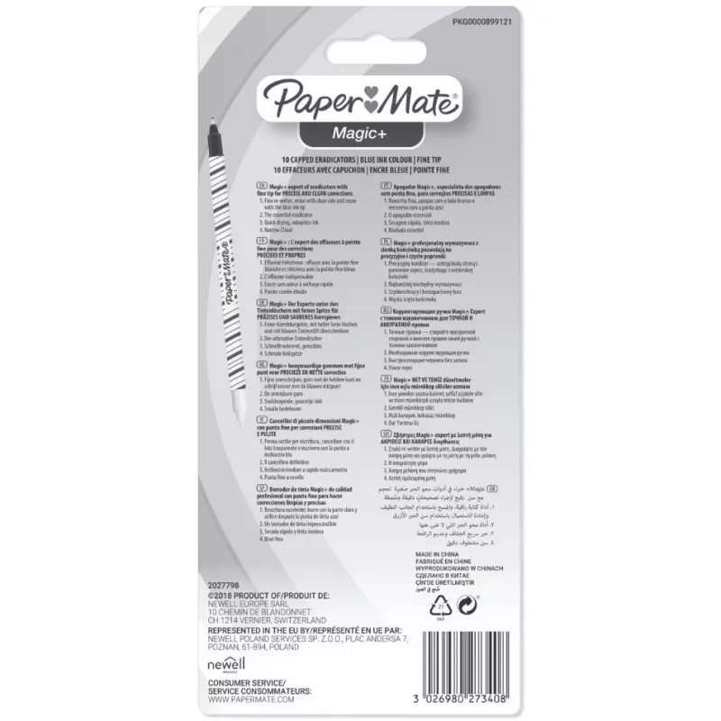 Paper Mate Magic+ caneta apagadora de tinta, fina, azul/branco, 10 un.