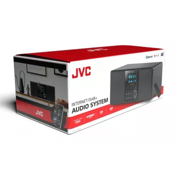 Rádio internet JVC RA-E981B — streaming Wi‑Fi e Bluetooth, DAB+, FM, 2x5W, 40 memórias de estações, USB, AUX, ecrã LCD