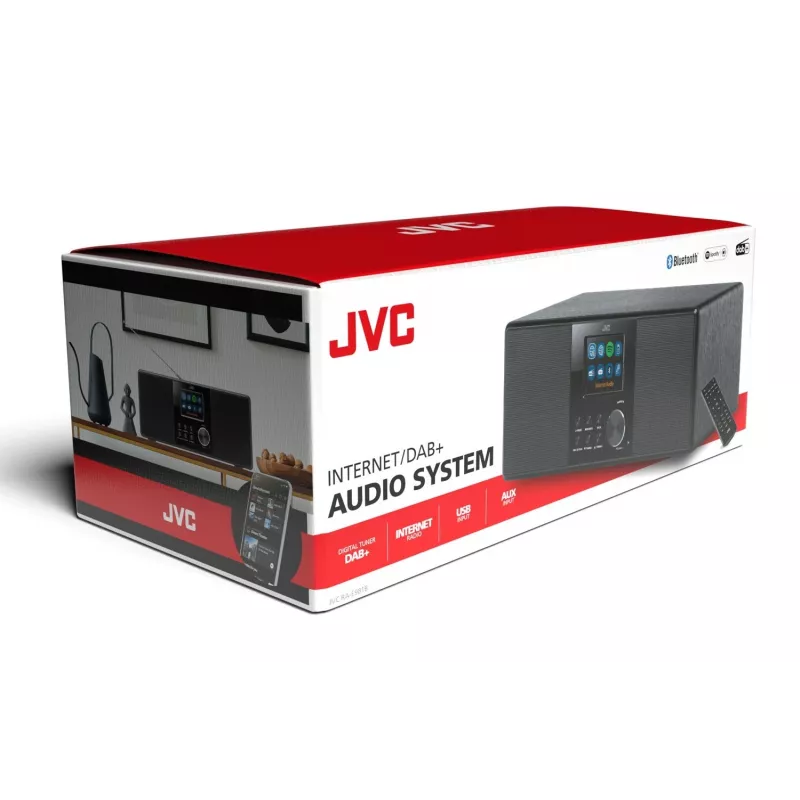 Rádio internet JVC RA-E981B — streaming Wi‑Fi e Bluetooth, DAB+, FM, 2x5W, 40 memórias de estações, USB, AUX, ecrã LCD