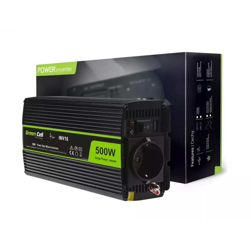 Inversor para automóvel Green Cell INV16 500 W DC 12 V para AC 230 V, 50 Hz, porta USB, arrefecimento ativo, preto