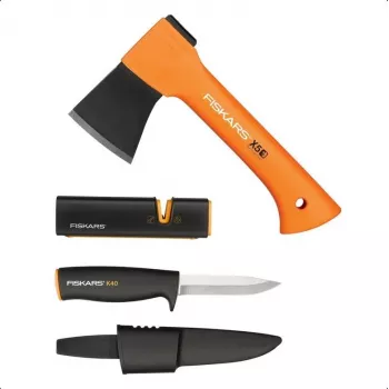 Conjunto de machado e faca Fiskars 1057913 com afiador – machado de mão e faca multiusos