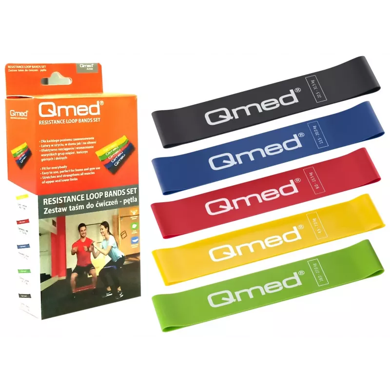 Conjunto de bandas de resistência MDH DRQM3MYYSETP — 5 bandas loop, látex, largura 5 cm, carga 4,5–31,5 kg