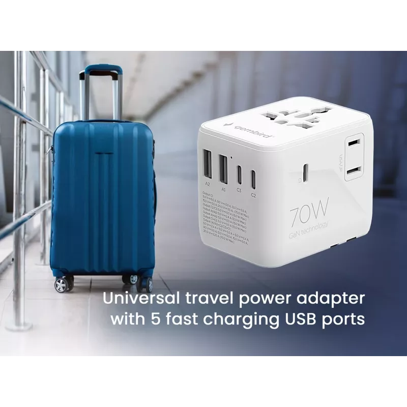 Gembird TPA-2A3C70-01-W adaptador de alimentação de viagem universal, 3x USB-C, 2x USB-A, 70 W, GaN, branco