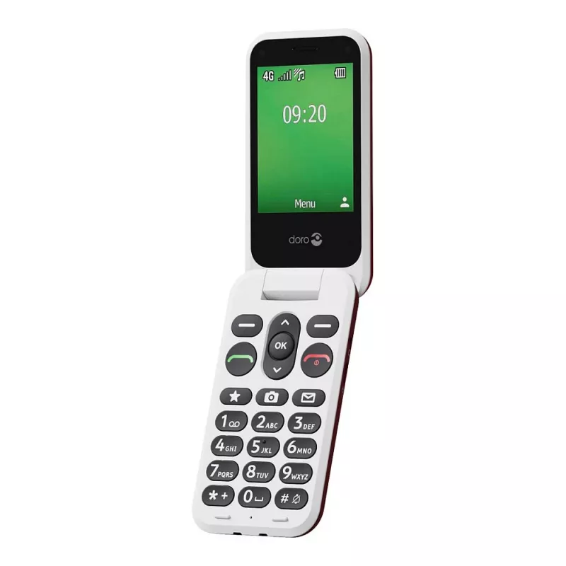 Telemóvel Doro Leva E22, 2,8 polegadas (7,11 cm) ecrã, Single SIM, câmara 0,3 MP, 1150 mAh, 127,8 g, vermelho/branco