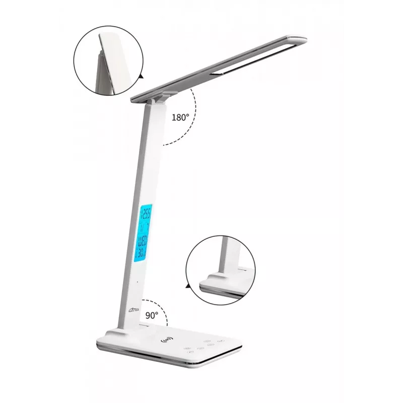 Media-Tech MT222 Leditou candeeiro de secretária LED com carregador sem fios Qi de 15 W, relógio, despertador, termómetro, branco