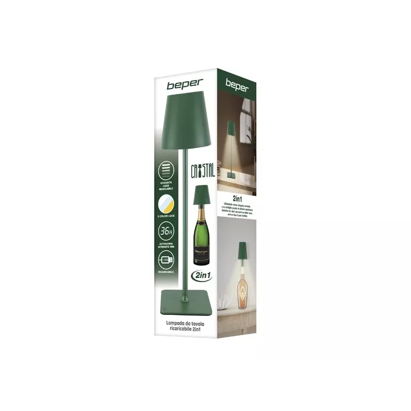 Beper P201UTP115 candeeiro de mesa LED recarregável, 1,5 W, interruptor tátil, regulável, adaptador para garrafa de 33 mm, resistente à água, verde