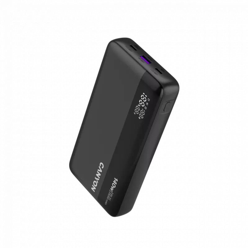 Power Bank CANYON PB-240, 25000mAh PD140W powerbank com ecrã, tamanho 160,0x82x27 mm, peso 508±10g, cinzento-escuro
