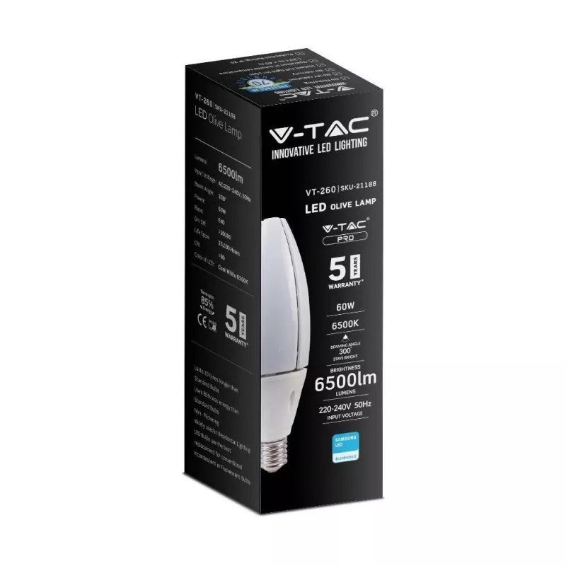 Lâmpada LED V-TAC VT-260 SAMSUNG CHIP 60W E40 4000K 6500lm (SKU 21187) branco