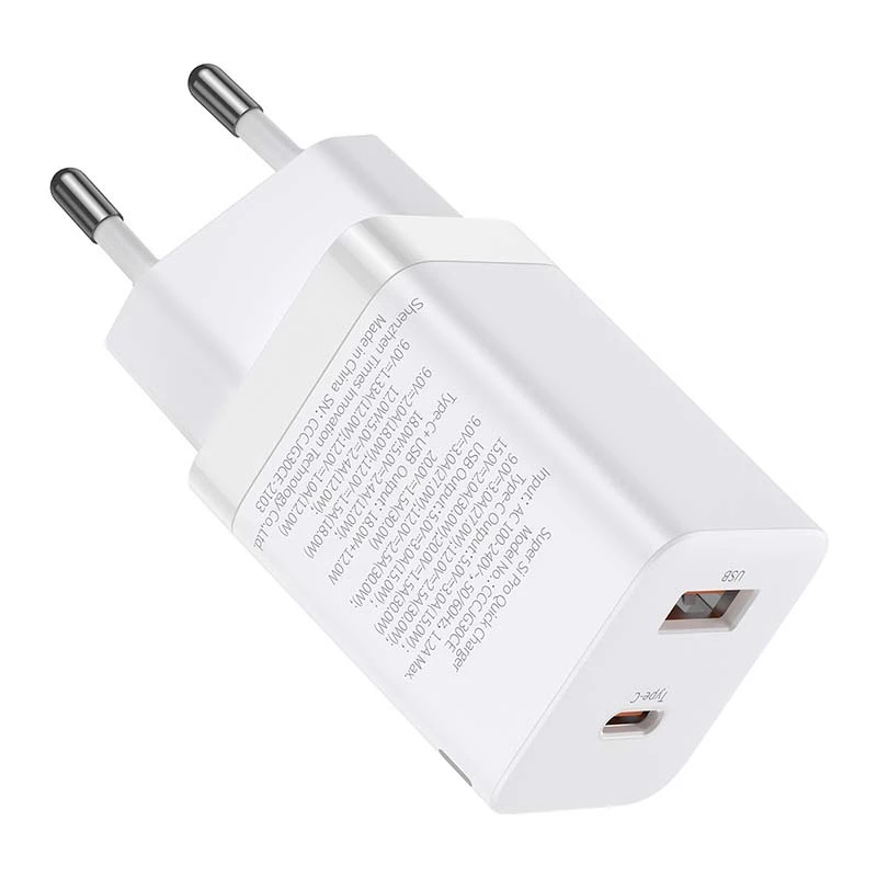 Baseus Super Si Pro carregador rápido USB + USB-C 30W (branco)