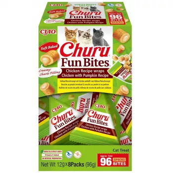 Petiscos de comida húmida para gatos INABA Churu Fun Bites frango e abóbora 8 x 12 g pasta, proteína 27,3 %, humidade 56 %