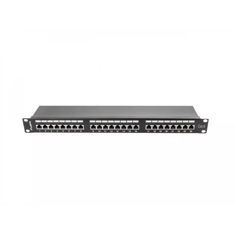 Patch panel 1U LANBERG PPS6-1024-B, 24 portas Cat6, metal, preto, 442×114,5×44,5 mm