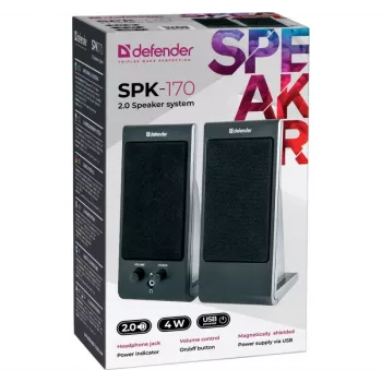 Altifalantes de secretária/estante DEFENDER SPK-170 2.0, 4 W RMS, com fios USB 5 V, 3,5 mm, preto