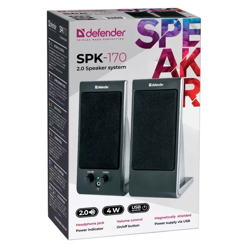 Altifalantes de secretária/estante DEFENDER SPK-170 2.0, 4 W RMS, com fios USB 5 V, 3,5 mm, preto