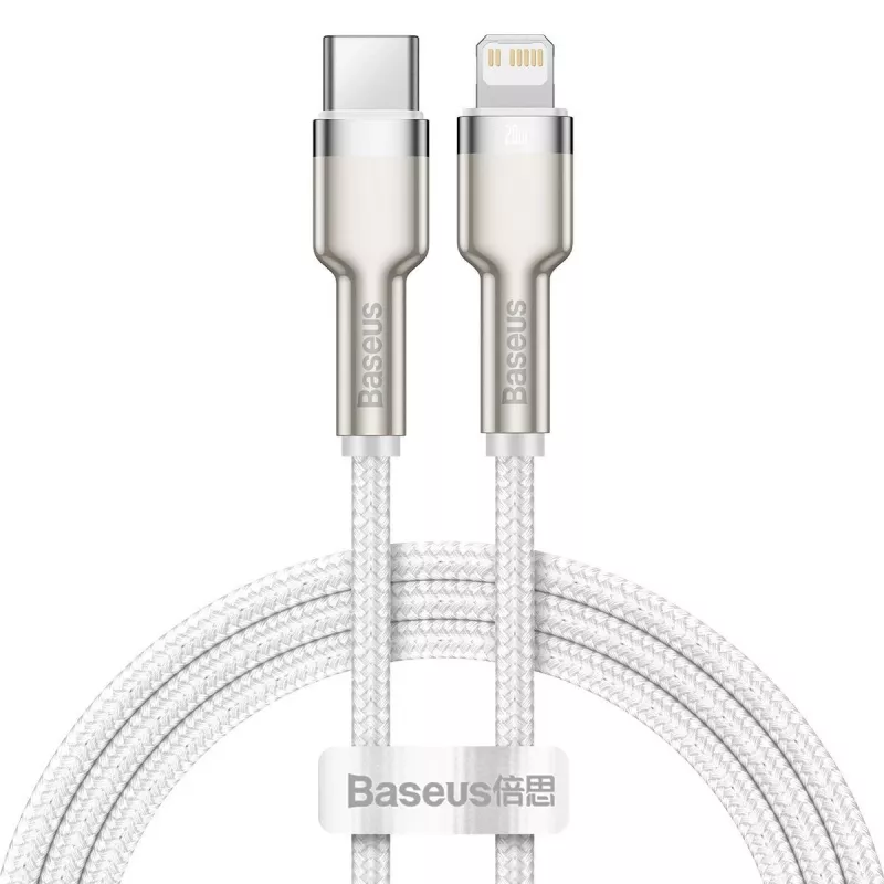 Cabo USB-C para Lightning Baseus Cafule 1 m, 20 W, caixa de zinco, branco