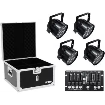 Conjunto de projetores LED PAR EUROLITE 4x PAR-56 QCL com flightcase e controlador