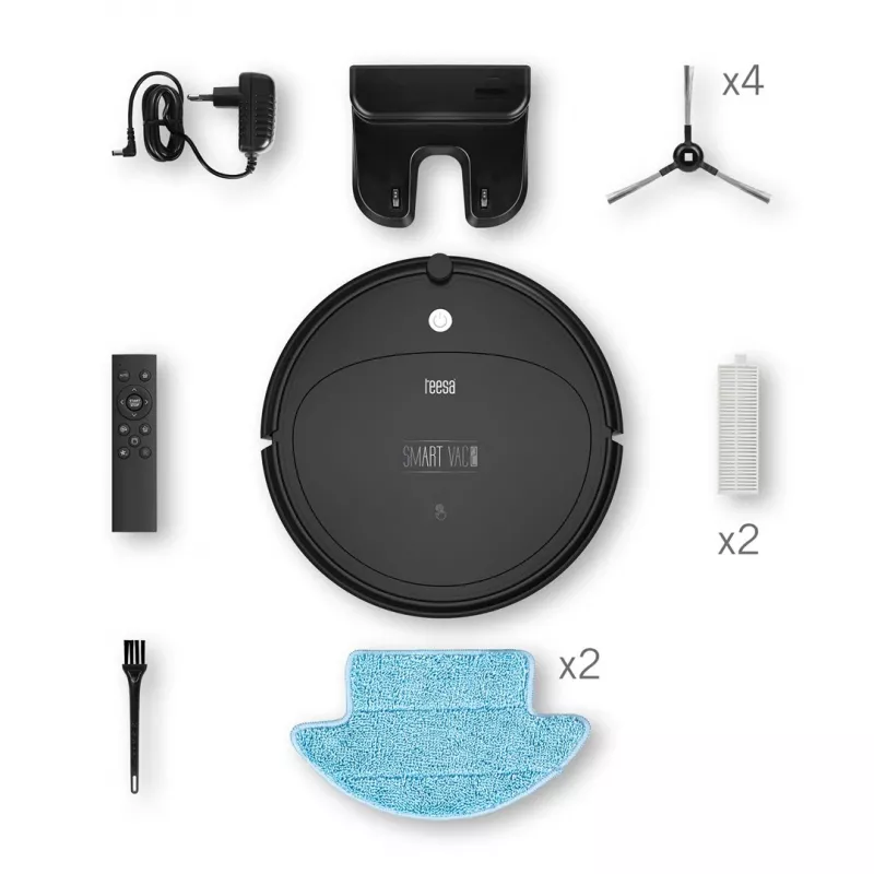 Aspirador robô TEESA Smart VAC 2 — redondo, preto, potência de aspiração 1000 Pa, bateria Li 9,6 V/2000 mAh, depósito de pó 0,2 l, WLAN, regresso automático