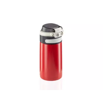 Caneca térmica Leifheit 03245 aço inoxidável 350 ml, parede dupla, à prova de fugas, tampa articulada, preta/vermelha