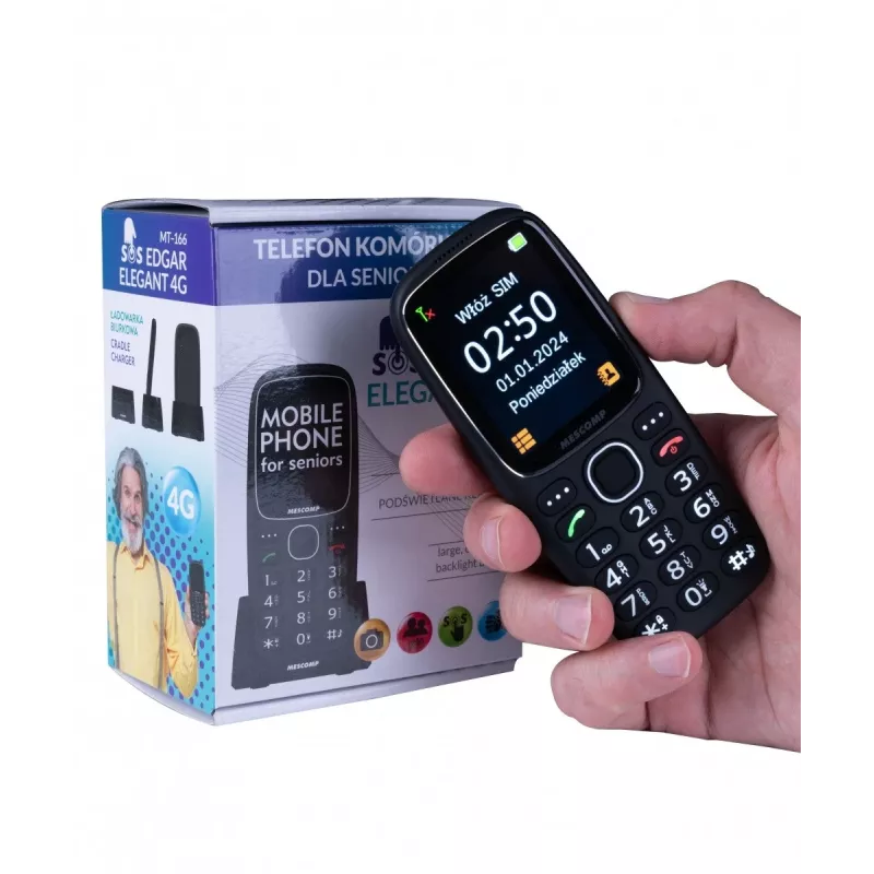 Telemóvel Mescomp MT-166 Edgar, elegante, para seniores, 4G, preto