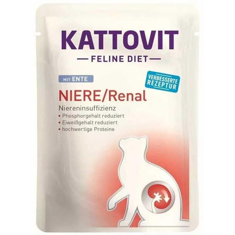 Comida húmida para gatos KATTOVIT Rim/Renal saco 85 g – 12 x 85 g, aves (vaca, frango, pato, peru) para gatos adultos com insuficiência renal