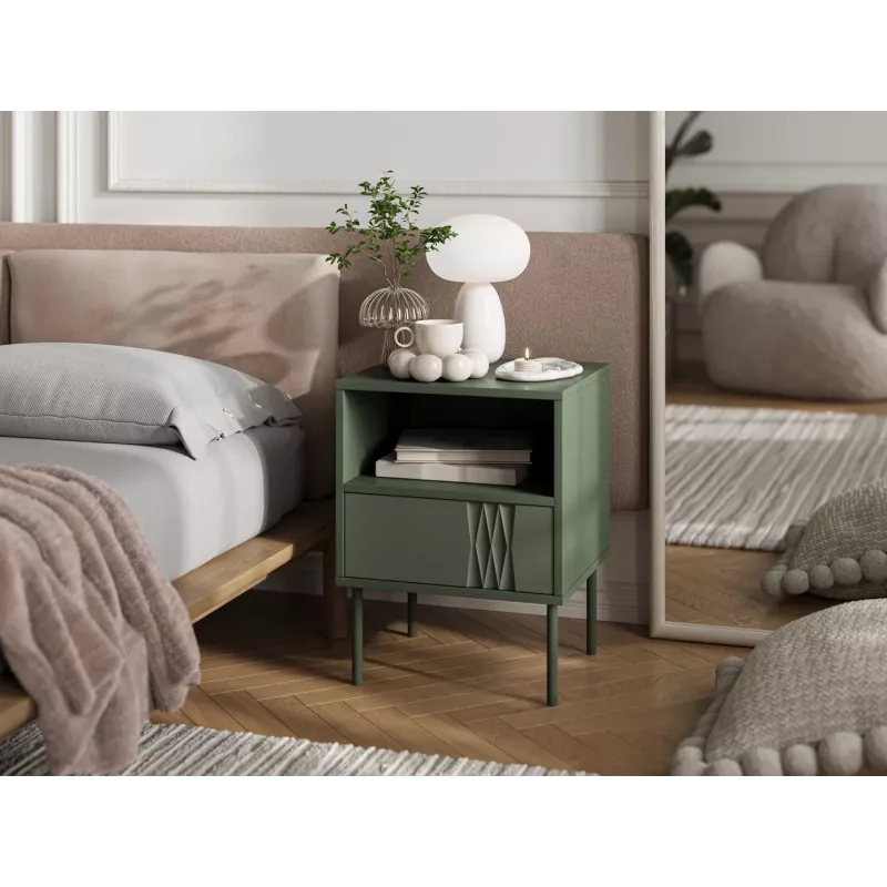 Mesa de cabeceira cama meble TRESSE 44×40×53 cm verde mate, 1 gaveta, conjunto de 2