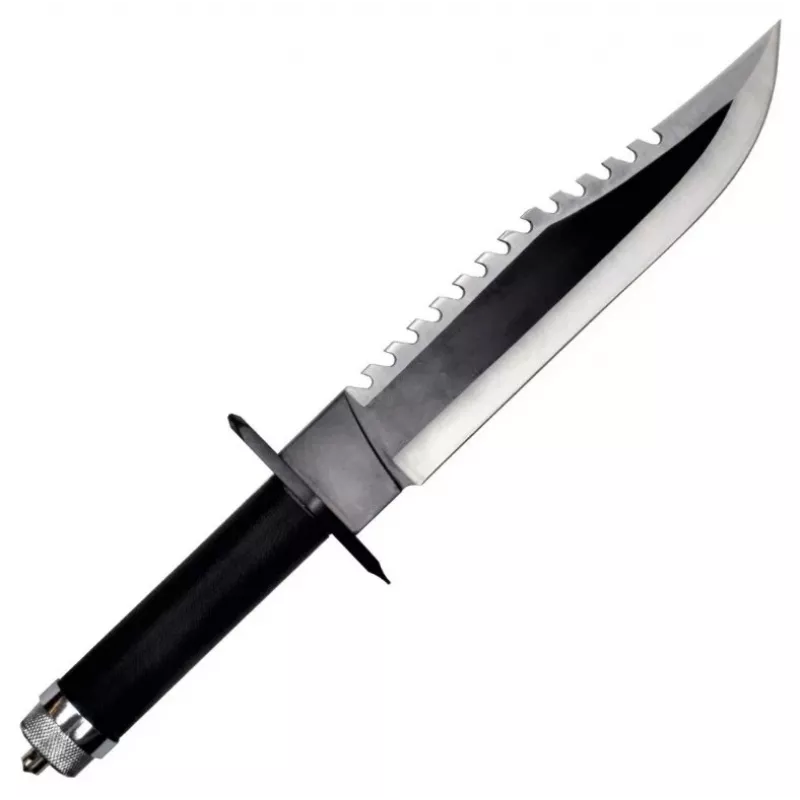 Faca de sobrevivência de lâmina fixa Cinema Classic CC-H2 — 400 mm de comprimento total, lâmina de aço 250 mm, lisa e serrada, punho preto, inclui bainha de couro