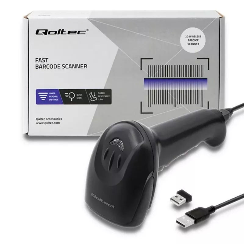 Leitor de códigos de barras manual QOLTEC 50868 — leitor laser 1D/2D, USB com e sem fios, distância de trabalho 600 mm, preto