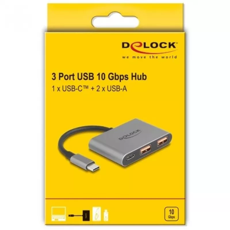 Hub USB DELOCK 64337 — anfitrião USB 3.2 Gen 2 Type-C, 3 portas (Type-C + 2× Type-A), 10 Gbit/s, cinzento, caixa de metal