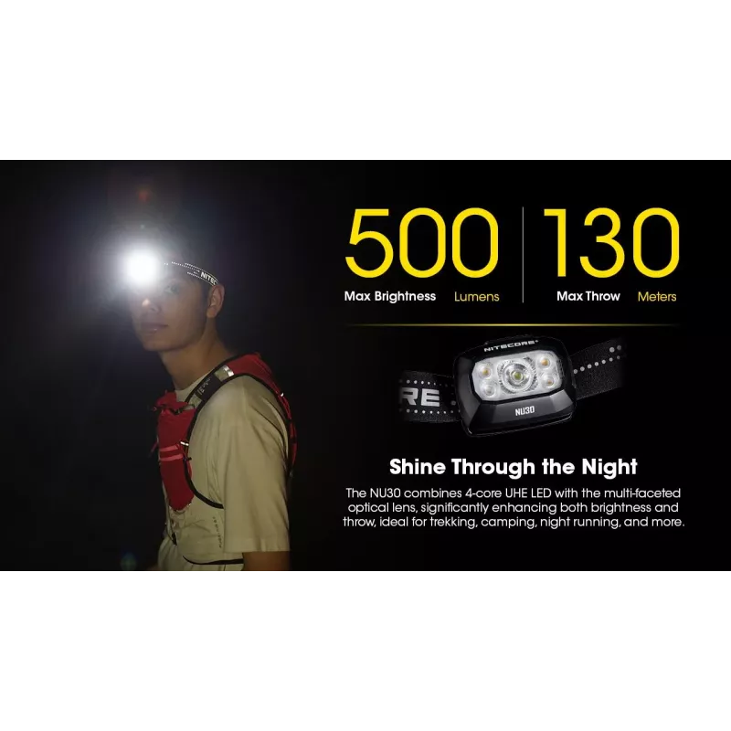 Lanterna de cabeça Nitecore NU30 — lanterna LED de cabeça compacta e portátil, até 500 lúmenes, vários níveis de potência, modo de luz vermelha