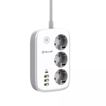 Régua de tomadas Tellur TLL331521 régua de tomadas inteligente WiFi com 3 tomadas, PD 30W, QC 18W