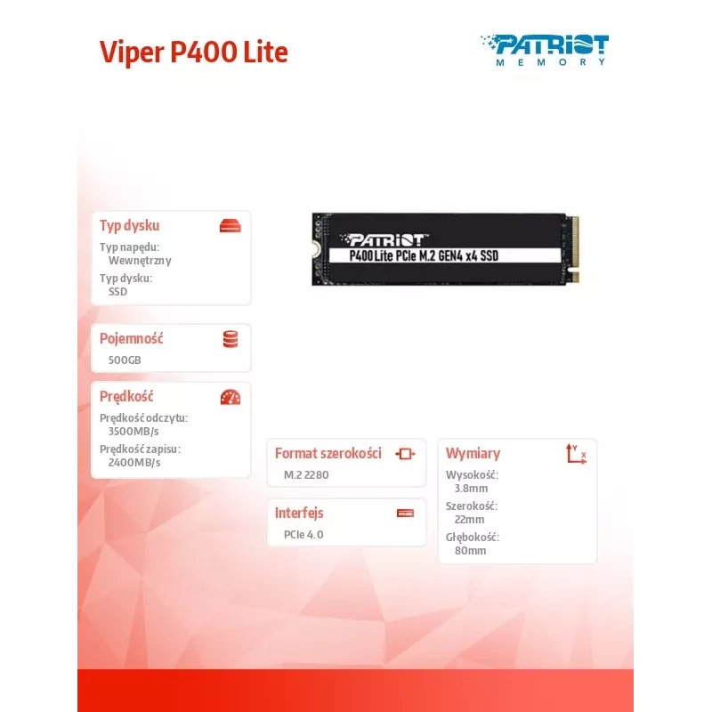 Disco SSD Patriot Memory 500 GB M.2 PCI Express 4.0 NVMe P400 Lite