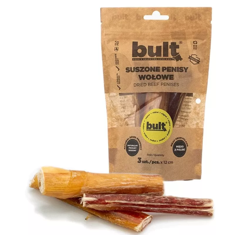 Snacks de mastigar para cães BULT pénis de vaca secos, pack de 3 — snacks de mastigar hipoalergénicos de um só ingrediente, 200 g, cães adultos