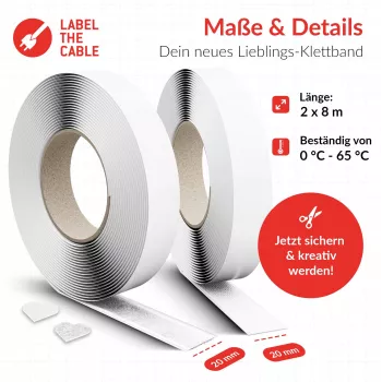 Fita de velcro para cabos Label the Cable Easy Tape Strap LTC 1520-8-20, 8 m de comprimento, 20 mm de largura, branco
