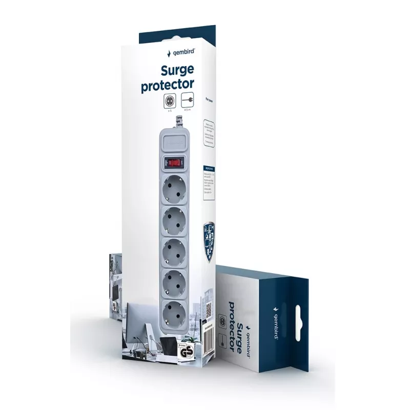 Proteção contra sobretensão Gembird SPG3-B-15C, 5 tomadas Schuko, 4,5 m, cinzento