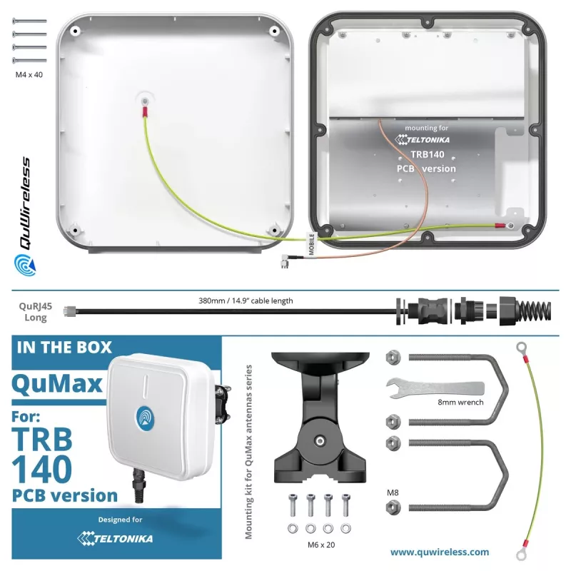 QuWireless QuMax A140M-A antena LTE direcional para Teltonika TRB140, PoE/LAN, 6 dBi, IP67, branca