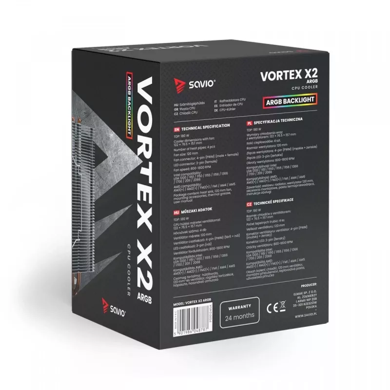 Dissipador de CPU SAVIO SAVGCOVORTEXX2ARGB com 4 heatpipes, ventoinha ARGB de 120 mm, preto