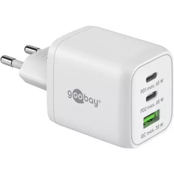 Carregador rápido USB-C Nano, PD, GaN, 65 Watt (branco, 1x USB-A, 2x USB-C PD, Charge 3.0)